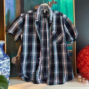 American Apparel Plaid Button Up Shirt Mens Small Blue Green Short Sleeve Cotton